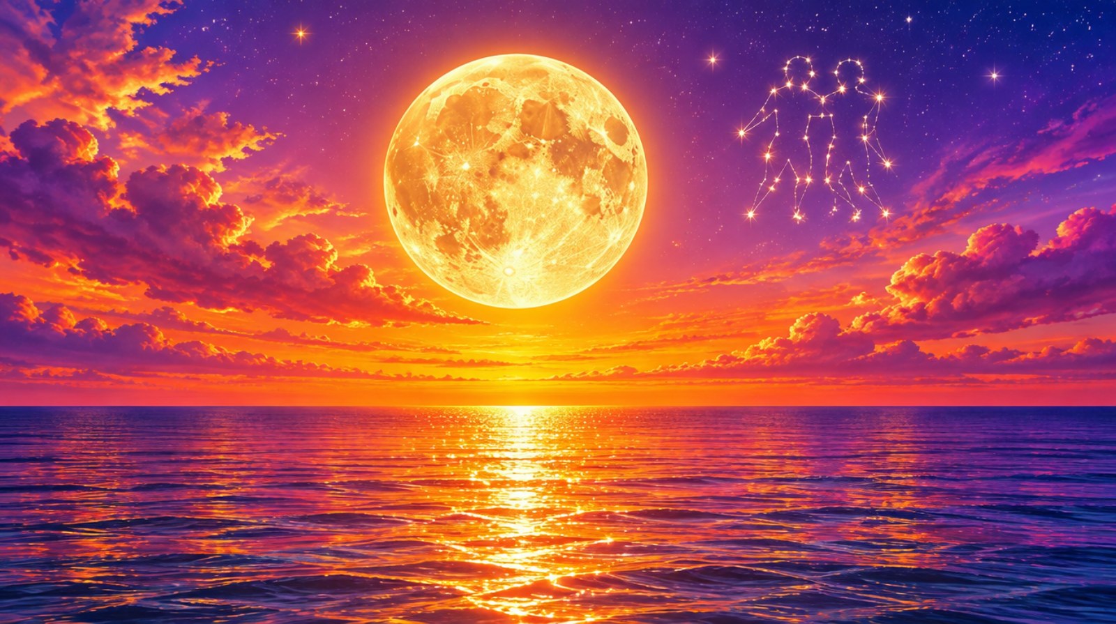 A huge golden supermoon rising over a calm sea at sunset, with the Gemini constellation shining beside it