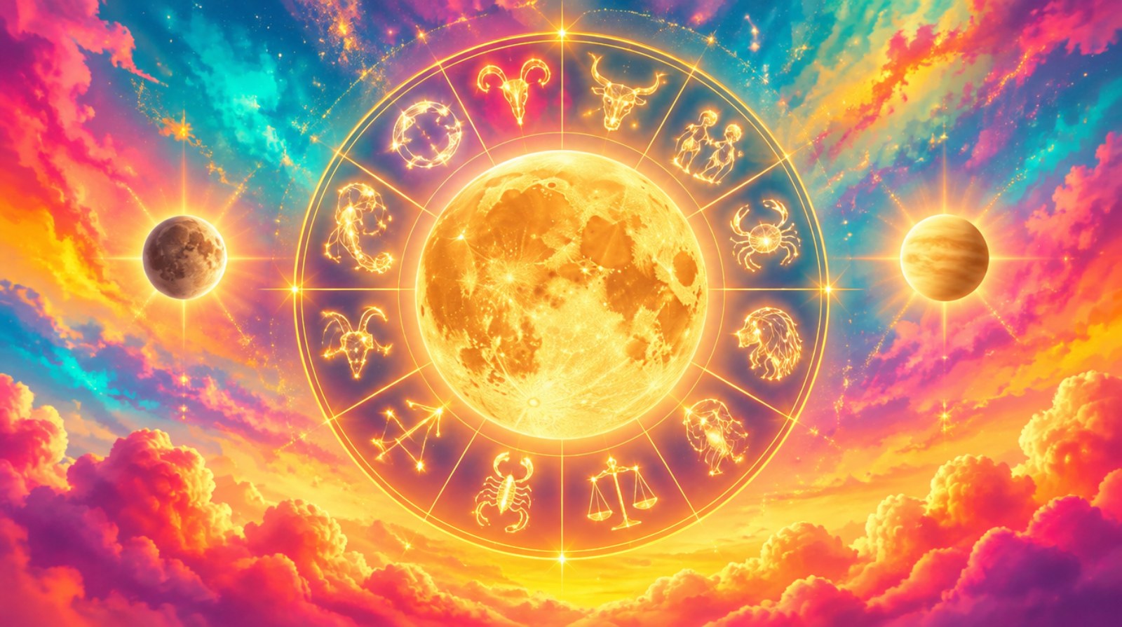 Bright illustration of a glowing golden supermoon inside a zodiac wheel of twelve constellation symbols against a colourful pink, orange and turquoise sky