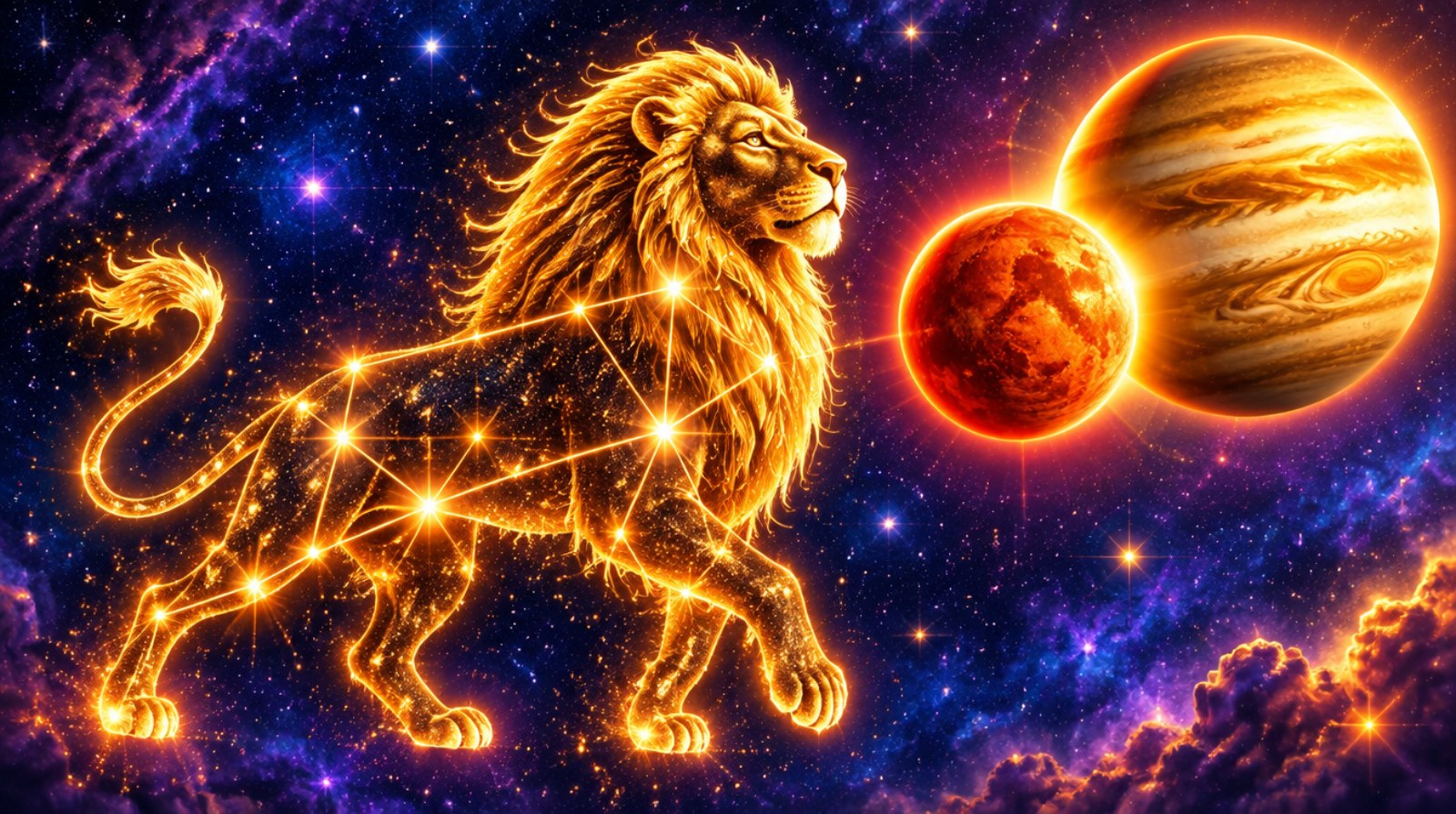 The Leo constellation drawn as a golden lion of stars, with Mars and Jupiter shining side by side in the night sky