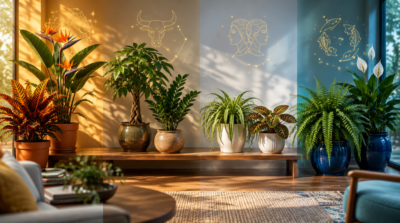 Potted houseplants arranged in four zodiac-themed scenes.